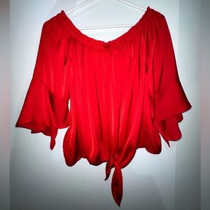 Red ruffle off-shoulder blouse